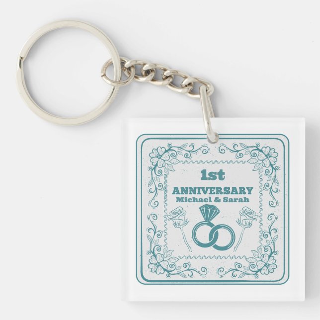 Floral wedding Anniversary Customizable year Keychain (Front)