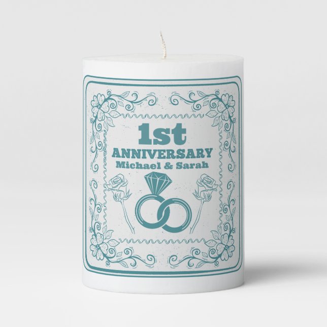 Floral wedding Anniversary Customizable year Pillar Candle (Front)