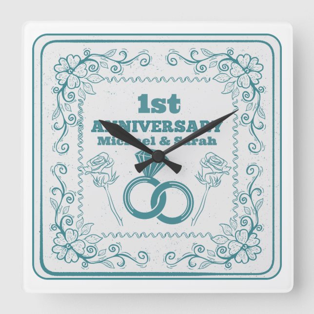 Floral wedding Anniversary Customizable year Square Wall Clock (Front)