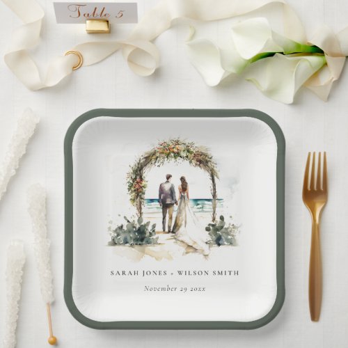 Floral Wedding Arch Coastal Beach Seascape Wedding Paper Plates