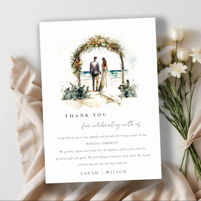 Floral Wedding Arch Coastal Beach Seascape Wedding Thank You Card | Zazzle