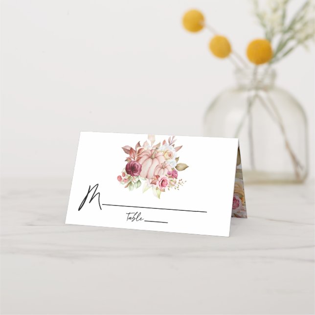 Floral Wedding Autumn Pink Burgundy Pumpkin Place Card (Front)