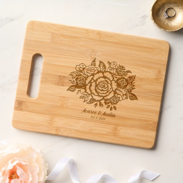 Floral Wedding Bouquet Roses Personalized Engraved Cutting Board (Wedding)
