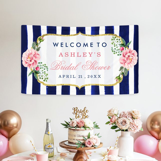 Floral Wedding Bridal Shower Navy Blue Stripes Banner (Creator Uploaded)