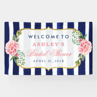Floral Wedding Bridal Shower Navy Blue Stripes Banner