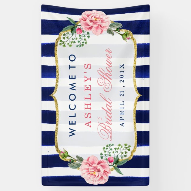 Floral Wedding Bridal Shower Navy Blue Stripes Banner