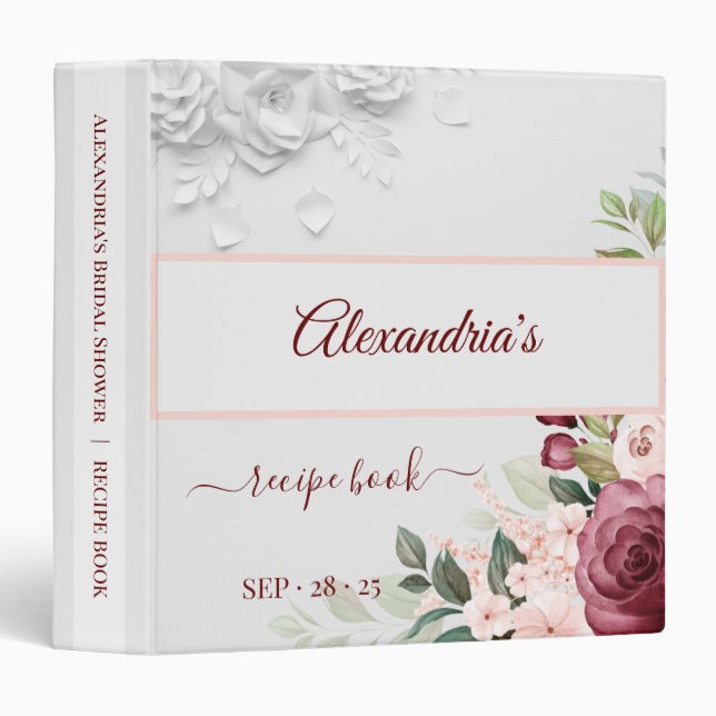 Floral Wedding Bridal Shower Recipe 3 Ring Binder (Front/Spine)