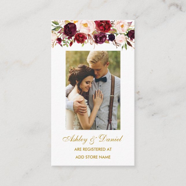 Floral Wedding Burgundy Registry Insert Photo Card (Front)
