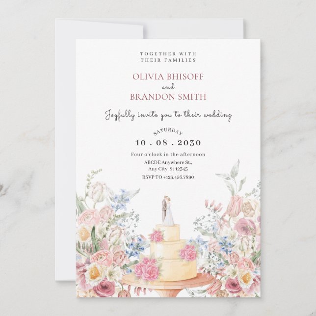 Floral wedding cake  invitation (Front)