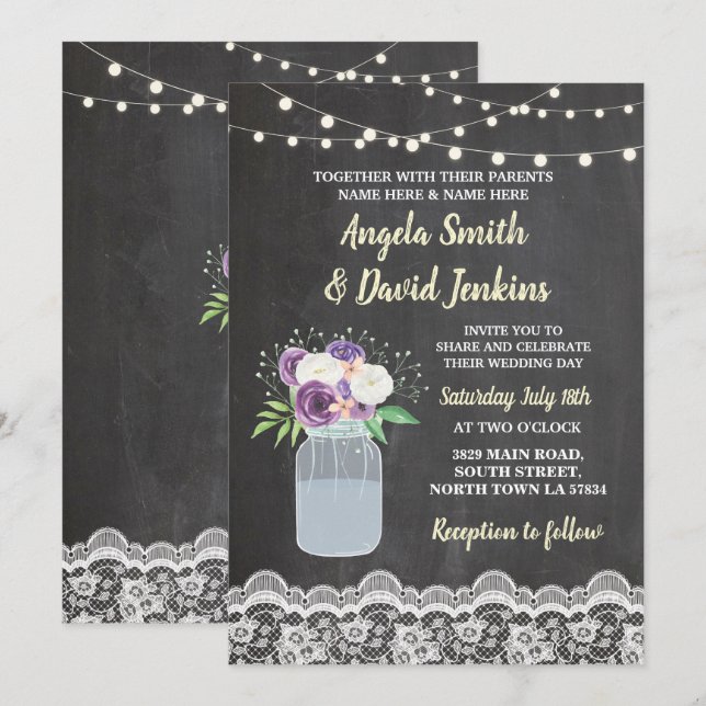 Floral Wedding Chalk Lace Floral Jar Lights Invite (Front/Back)