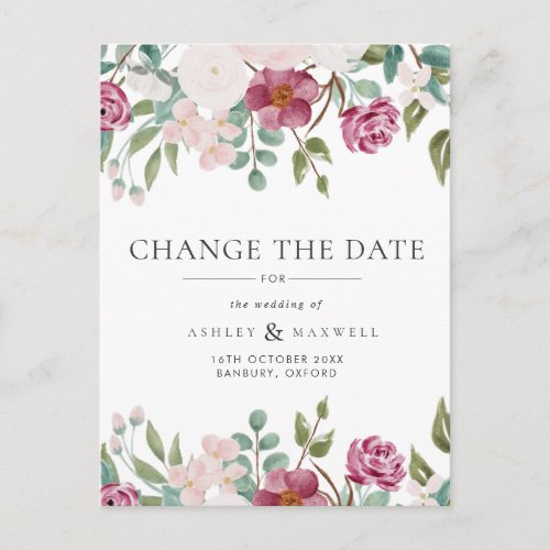 Floral Wedding Change the Date Burgundy   Blush Announcement Postcard