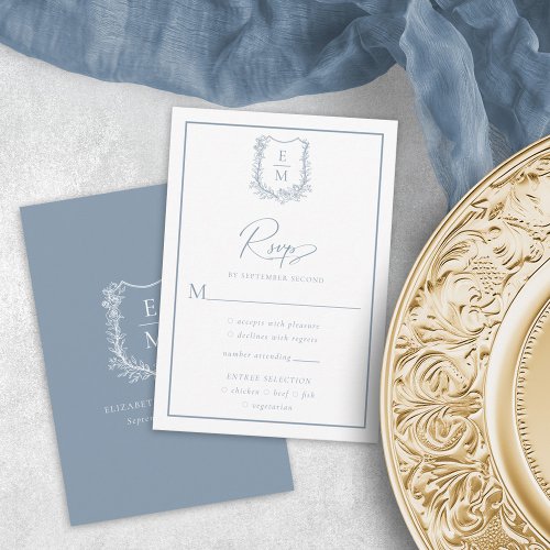 Floral Wedding Crest Dusty Blue Meal Options RSVP Card
