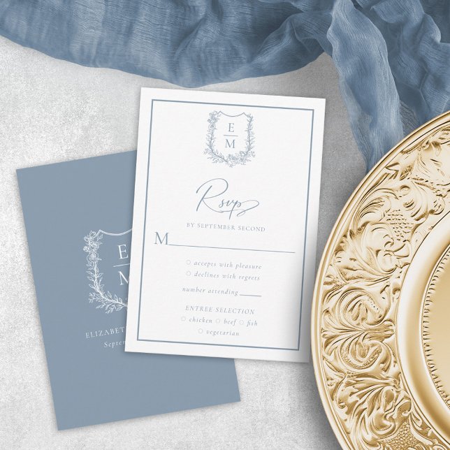 Floral Wedding Crest Dusty Blue Meal Options RSVP Card (Creator Uploaded)