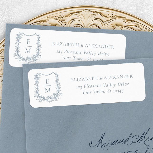Floral Wedding Crest Dusty Blue Return Address Label (Creator Uploaded)