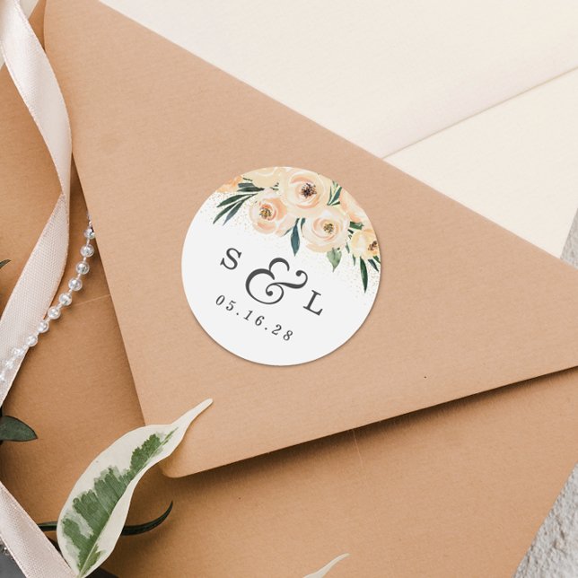 Floral Wedding Date & Couples Initials  Classic Round Sticker (Creator Uploaded)