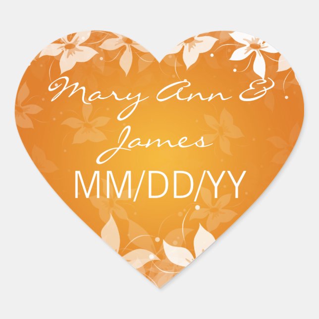 Floral Wedding Date Exotic Blooms Orange Heart Sticker (Front)
