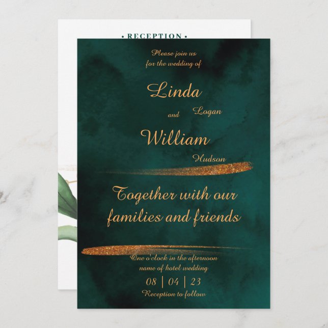 Floral Wedding Deep Sea Dark Green & Gold Holiday Card (Front/Back)