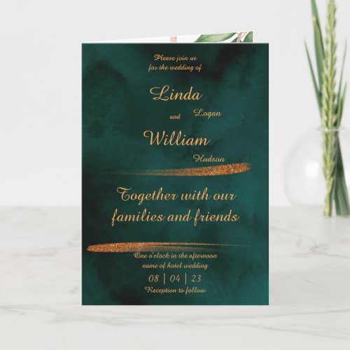 Floral Wedding Deep Sea Dark Green  Gold Invitation