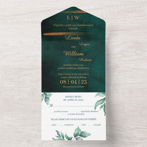 Floral Wedding Deep Watercolor Dark Green Sea All In One Invitation