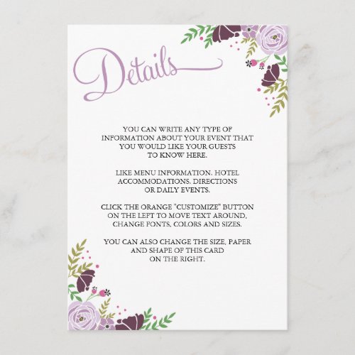 Floral Wedding DetailsInformation Card    Purple