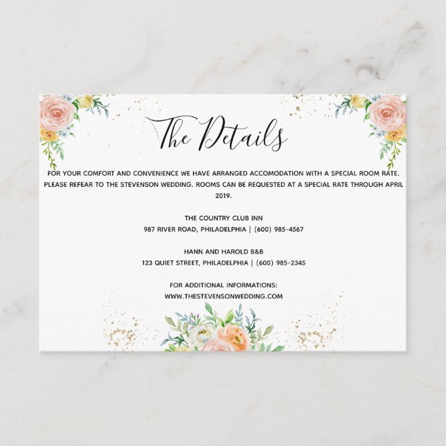 Floral wedding details insert card gold dusk pink (Front)