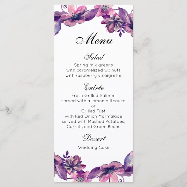 Floral wedding dinner menu Purple flower menu card (Front)