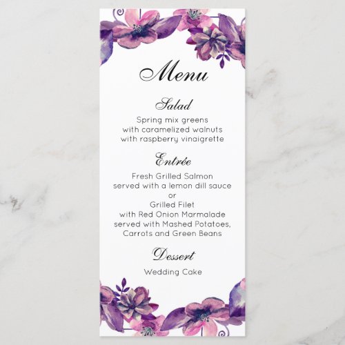 Floral wedding dinner menu Purple flower menu card