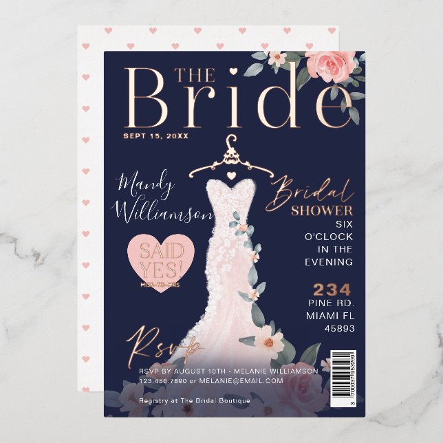 Floral Wedding Dress Bridal Shower Magazine Cover Foil Invitation (Front/Back)