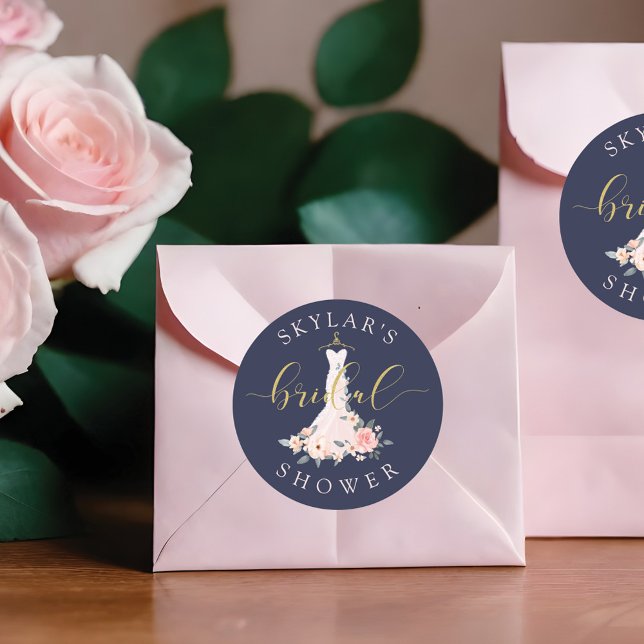 Floral Wedding Dress Navy Bridal Shower Classic Round Sticker (Floral Wedding Dress Navy Bridal Shower Classic Round Sticker)