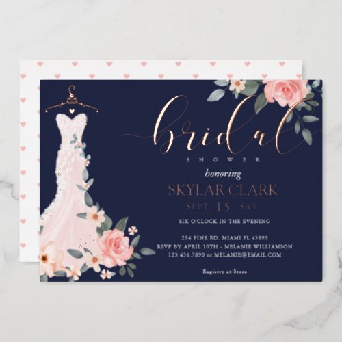 Floral Wedding Dress Navy Bridal Shower Foil Invitation