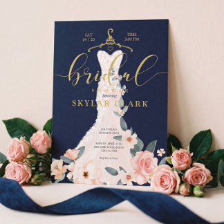 Floral Wedding Dress Navy Bridal Shower Invitation