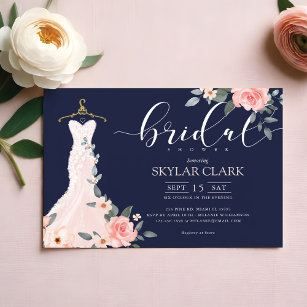 Floral Wedding Dress Navy Bridal Shower Invitation