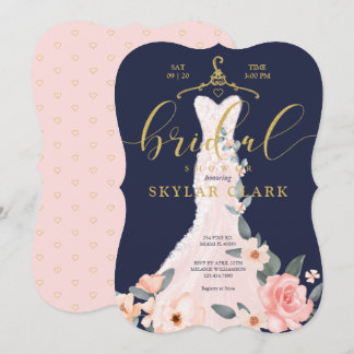 Floral Wedding Dress Navy Bridal Shower Invitation
