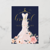 Floral Wedding Dress Navy Bridal Shower Invitation Foil Invitation (Standing Front)