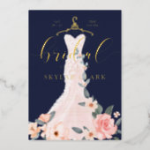 Floral Wedding Dress Navy Bridal Shower Invitation Foil Invitation (Front)