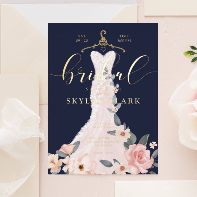 Floral Wedding Dress Navy Bridal Shower Invitation Foil Invitation