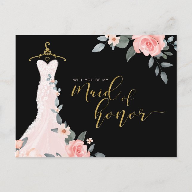 Floral Wedding Dress Will You Be Maid of Honor Invitation Postcard (Front)