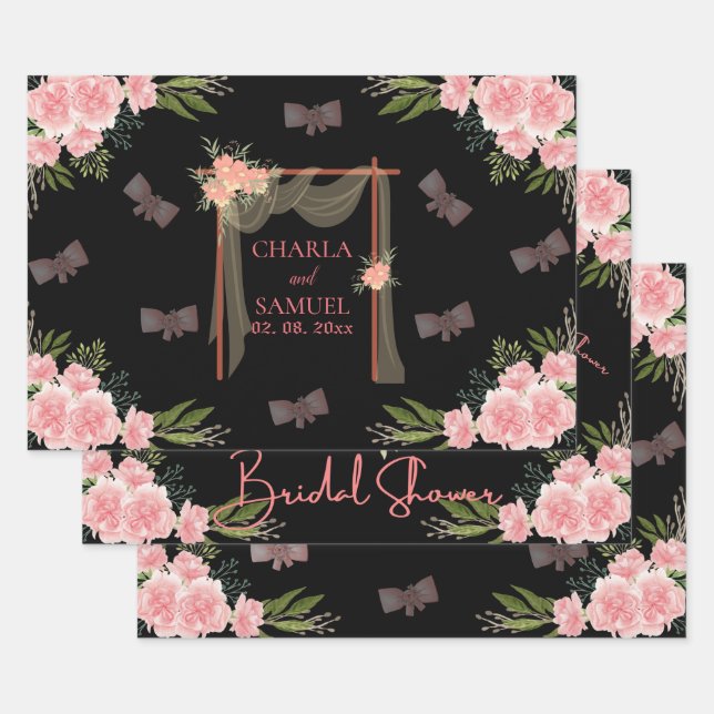Floral Wedding Gate Bridal Shower Black Wrapping Paper Sheets (Set)