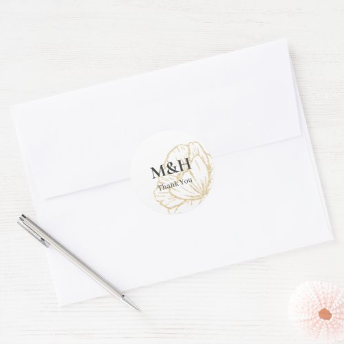 Floral Wedding Gold Flowers Monogram Thank You Classic Round Sticker