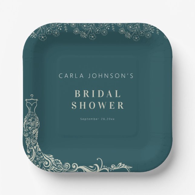 Floral wedding gown bridal shower welcome sign  paper plates (Front)