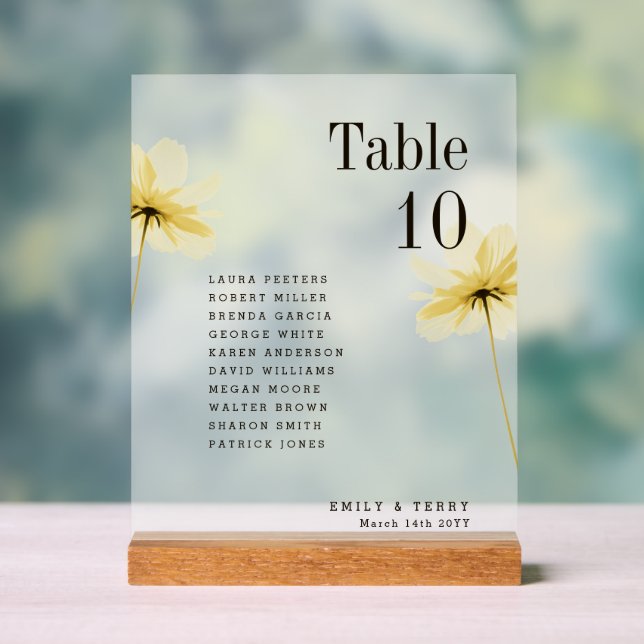 Floral Wedding Guest Names Table Number Frosted Acrylic Sign (Neutral)