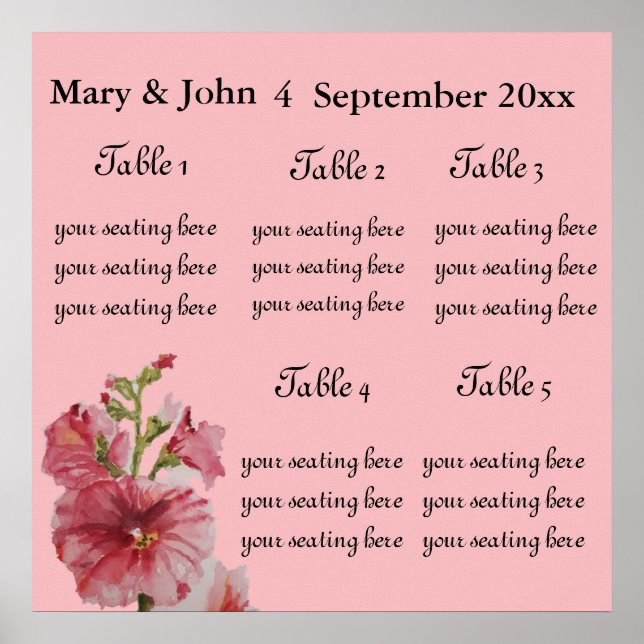 Floral Wedding "Hollyhock" seating chart. Poster (Front)