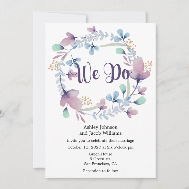 Floral wedding invitation. Blue and purple invite (Front)