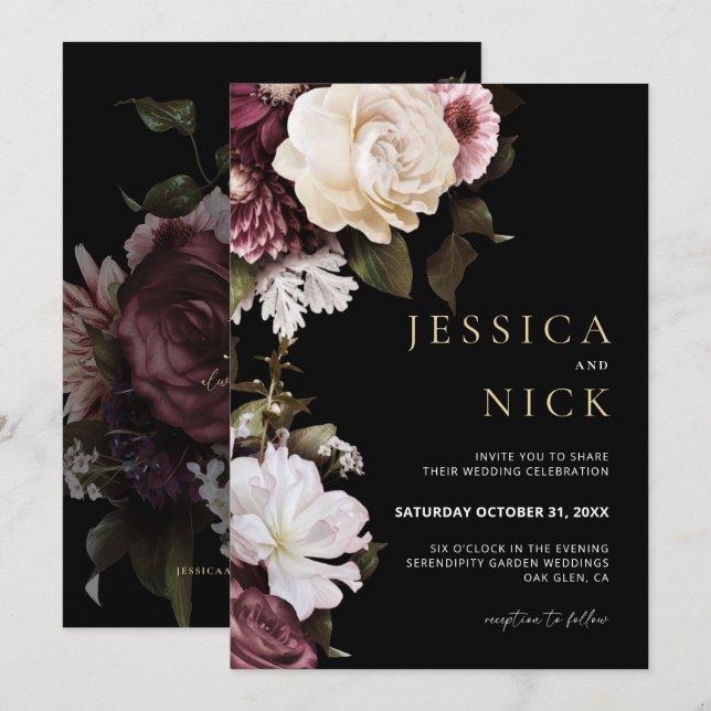 Floral Wedding Invitation, Dark Moody Wedding Invitation (Front/Back)