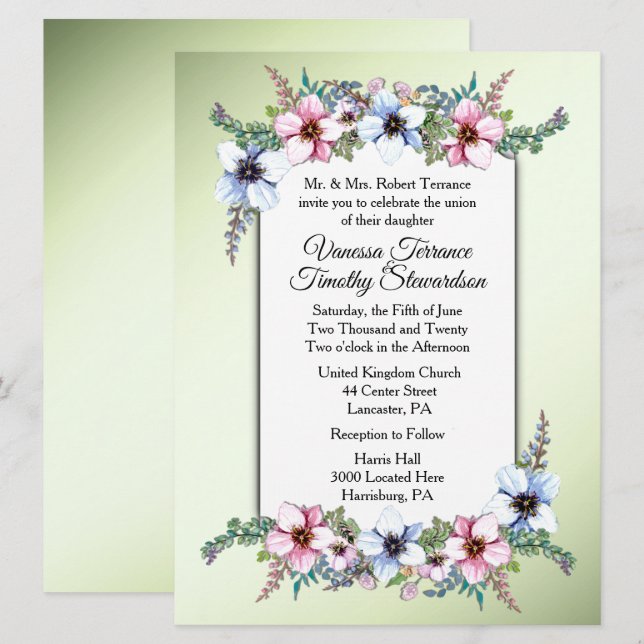 Floral Wedding Invitation Green (Front/Back)