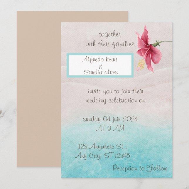 floral Wedding invitation in beige and bleu  (Front/Back)