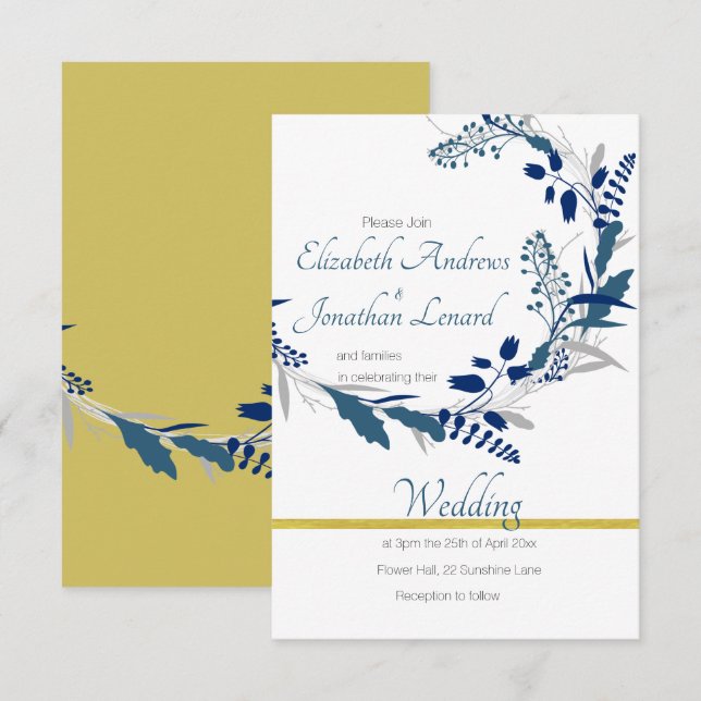 Floral Wedding invitation in Gold and  Blue (Front/Back)