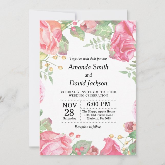 Floral Wedding Invitation Pink Watercolor Floral (Front)