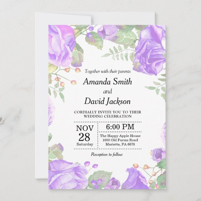Floral Wedding Invitation Purple Watercolor Floral (Front)