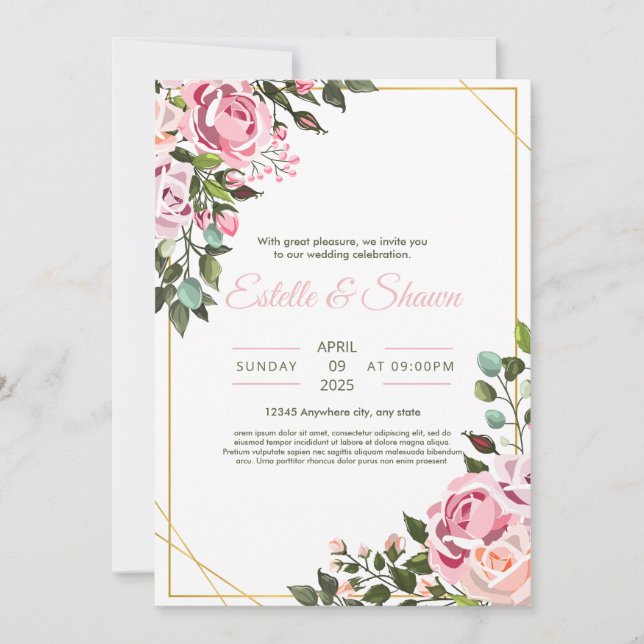 Floral Wedding invitation, Romantic Pink Wedding  Invitation (Front)